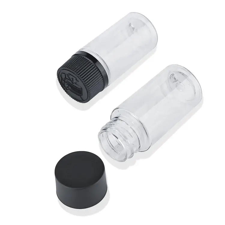 Custom desgin 35mm*81mm 5 pack pre packaging jar smell proof transparent PET bottle color child resistant lid plastic bottle