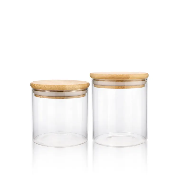 Borosilicate kitchen glass food container clear airtight storage jar with wood bamboo lid for herbs and spices storage