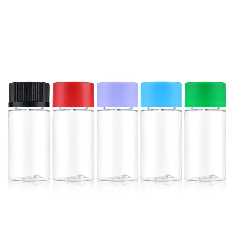 Custom desgin 35mm*81mm 5 pack pre packaging jar smell proof transparent PET bottle color child resistant lid plastic bottle