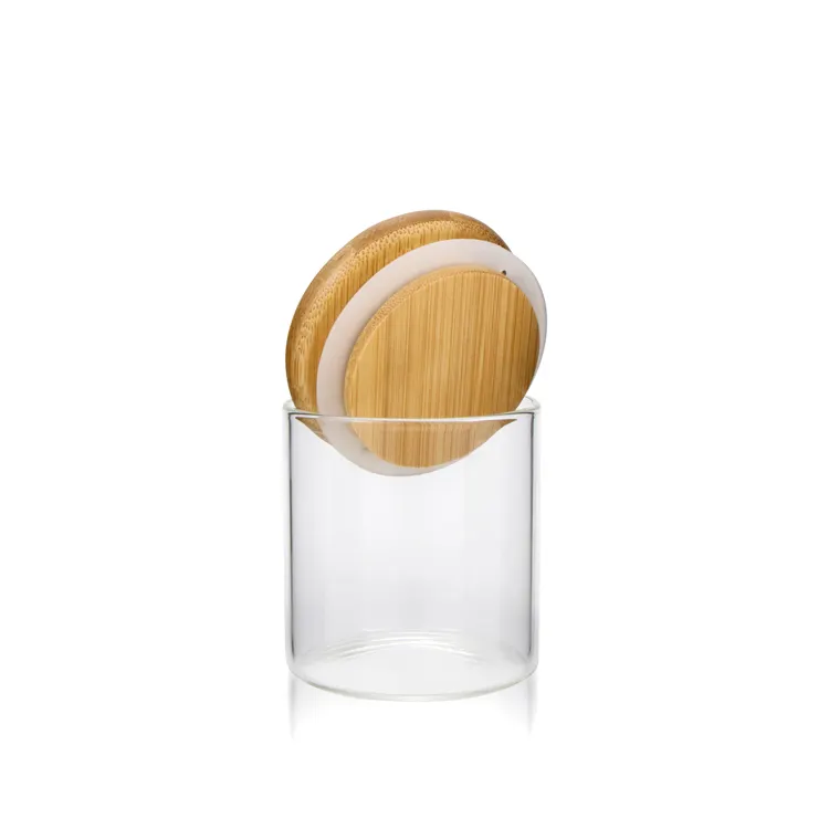 Borosilicate kitchen glass food container clear airtight storage jar with wood bamboo lid for herbs and spices storage