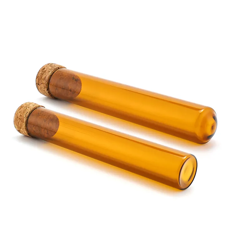 Eco-friendly materials amber clear tube packaging 25ml smell proof glass tube with cork