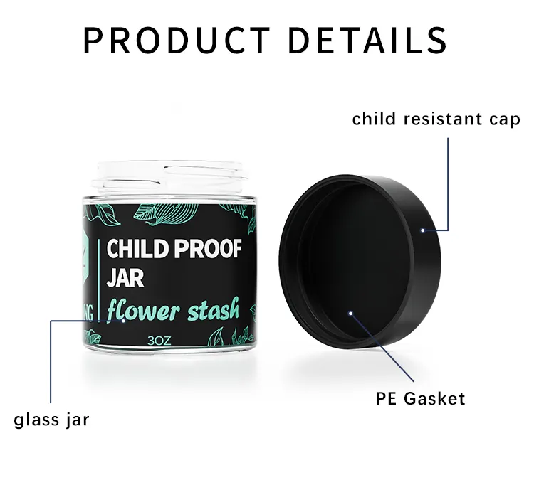 Custom Label Printing 1oz 2oz 3oz 4oz Child Resistant Container 3.5g Smell Proof Stash Glass Jar With CRC Color Lids