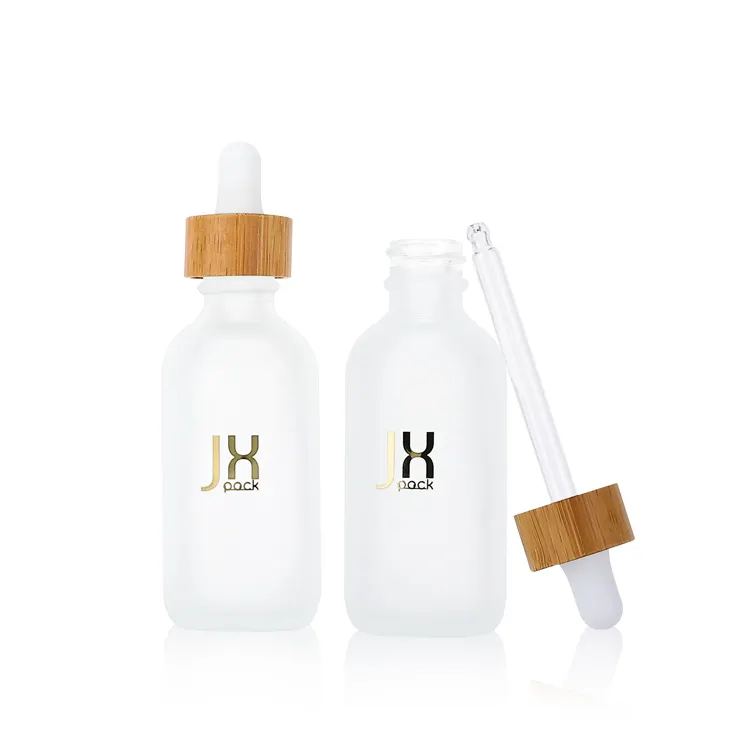 Hot sale luxury customize 30ml frosted cosmetic bottle droppe glass bottle for essential oil with bamboo cap