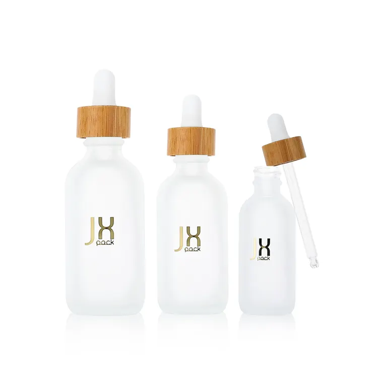 Hot sale luxury customize 30ml frosted cosmetic bottle droppe glass bottle for essential oil with bamboo cap