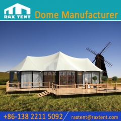 100 SQM Three Peak Tent for Luxury Glamping Tent House with Glass Wall and Double Layer Roof Cover