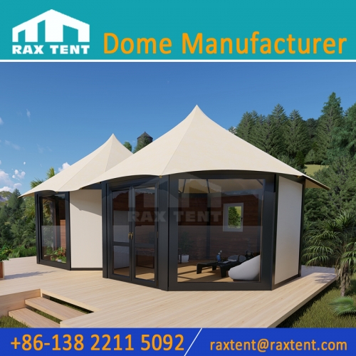 Two Peak Top Glamping Tent With Double Layer PVDF Membrane Fabric and Galvanized Steel Tube for Resort Hotel