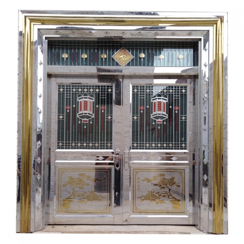 Luxury Entry Double Stainless Steel Glass Door Design With Chinese Elements