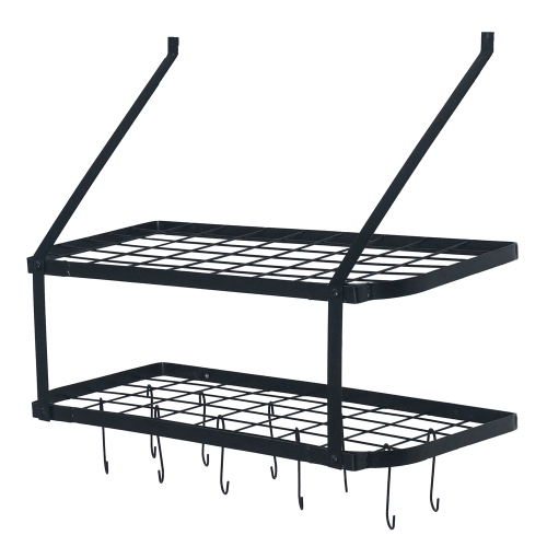 壁掛式鍋具2級儲物架，可懸掛10 S掛鉤，非常適合鍋具，器皿，花盆，黑色表面