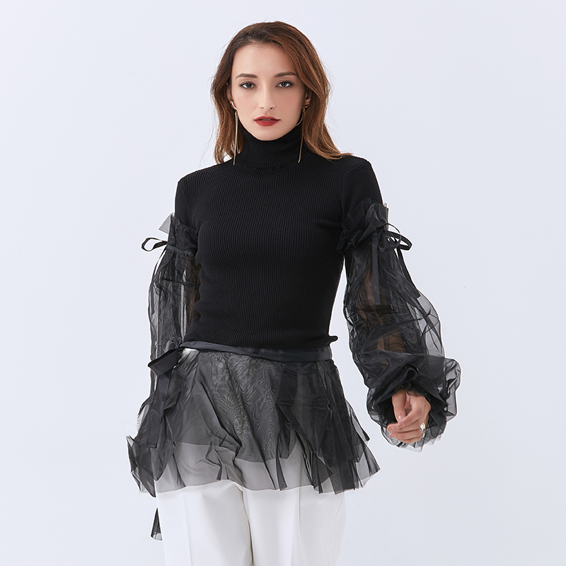 TWOTWINSTYLE Designer Turtleneck Patchwork Mesh Pullovers