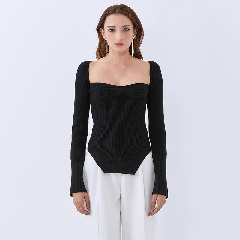 TWOTWINSTYLE Slim Square Collar Split Solid Knit Tops