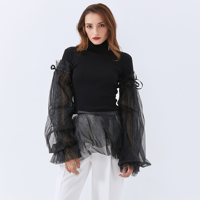 TWOTWINSTYLE Designer Turtleneck Patchwork Mesh Pullovers