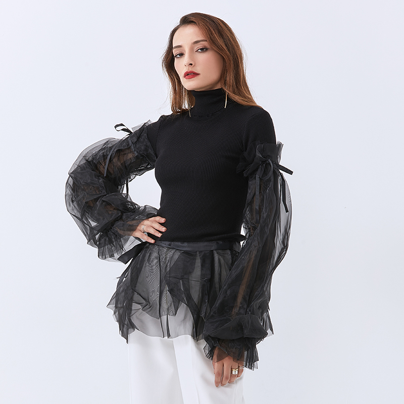 TWOTWINSTYLE Designer Turtleneck Patchwork Mesh Pullovers