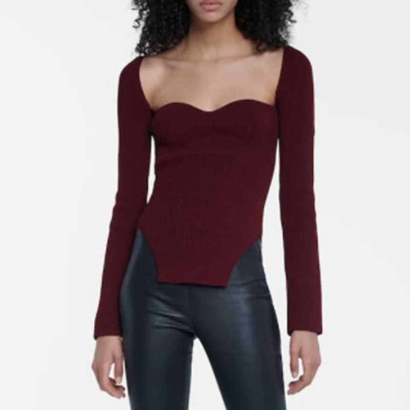 TWOTWINSTYLE Slim Square Collar Split Solid Knit Tops