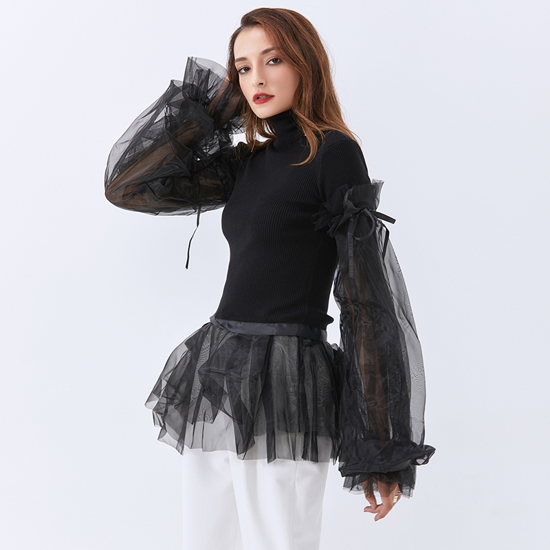 TWOTWINSTYLE Designer Turtleneck Patchwork Mesh Pullovers