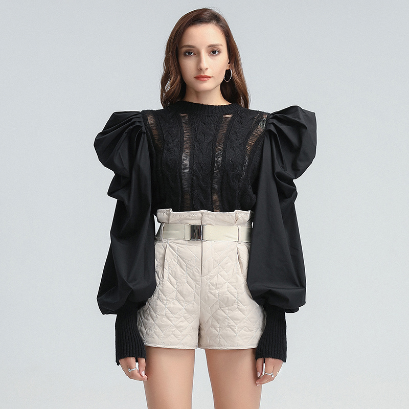 TWOTWINSTYLE O Neck Puff Long Sleeve Patchwork Sweater