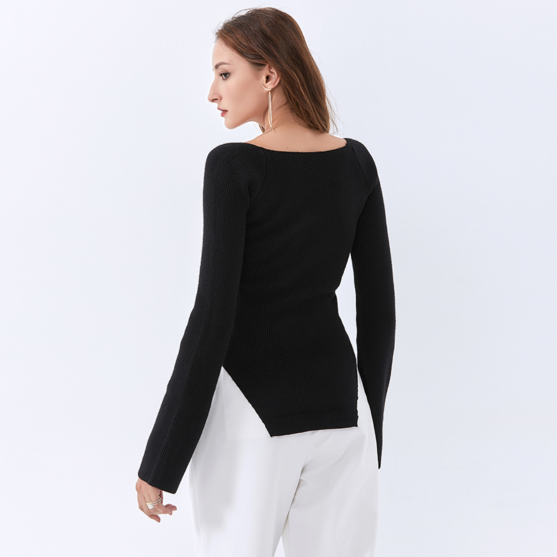 TWOTWINSTYLE Slim Square Collar Split Solid Knit Tops