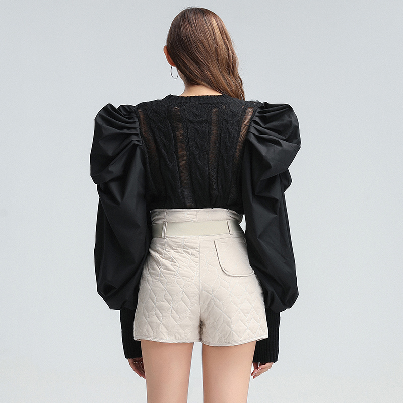 TWOTWINSTYLE O Neck Puff Long Sleeve Patchwork Sweater
