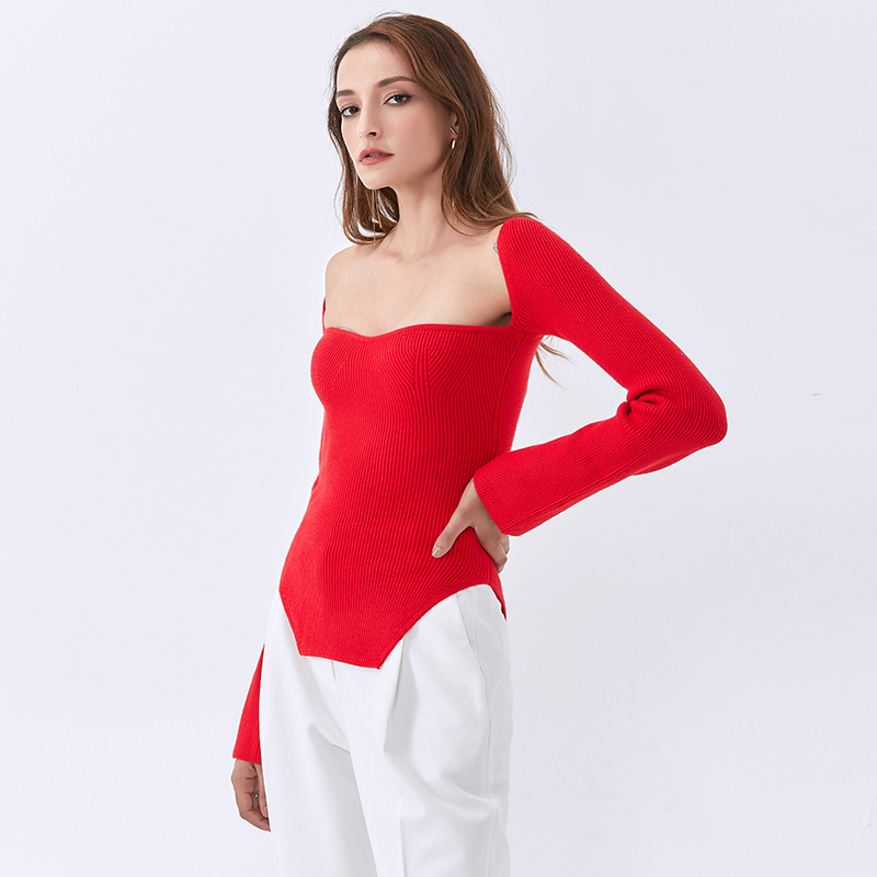 TWOTWINSTYLEKnitting Solid Sweaters For Women Square Collar Long Sleeve Pullover Casual Loose Sweater Female Fashion Clothing