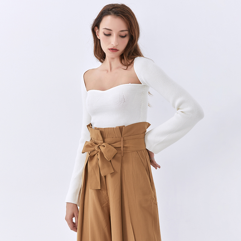 TWOTWINSTYLEKnitting Solid Sweaters For Women Square Collar Long Sleeve Pullover Casual Loose Sweater Female Fashion Clothing