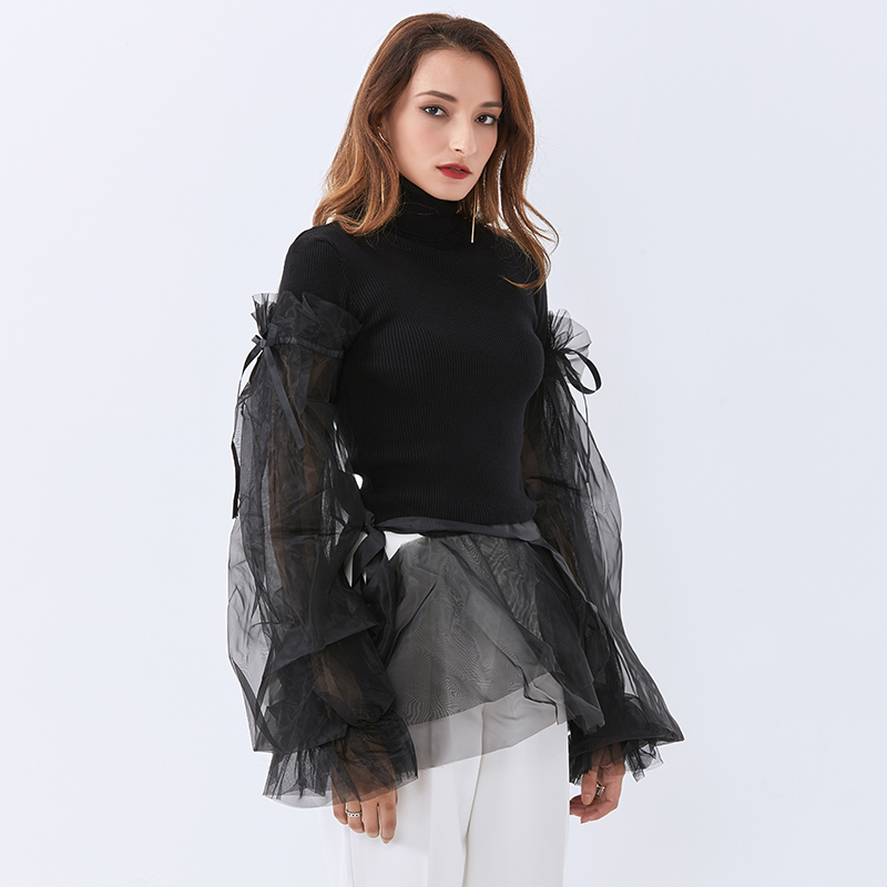 TWOTWINSTYLE Designer Turtleneck Patchwork Mesh Pullovers