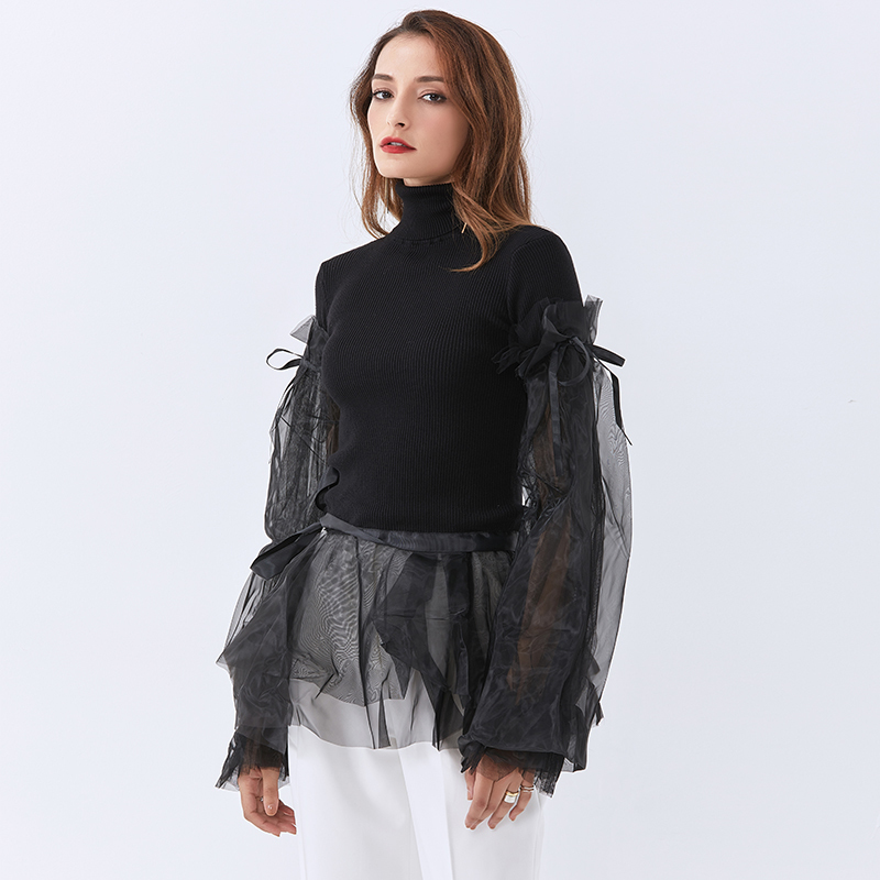 TWOTWINSTYLE Designer Turtleneck Patchwork Mesh Pullovers