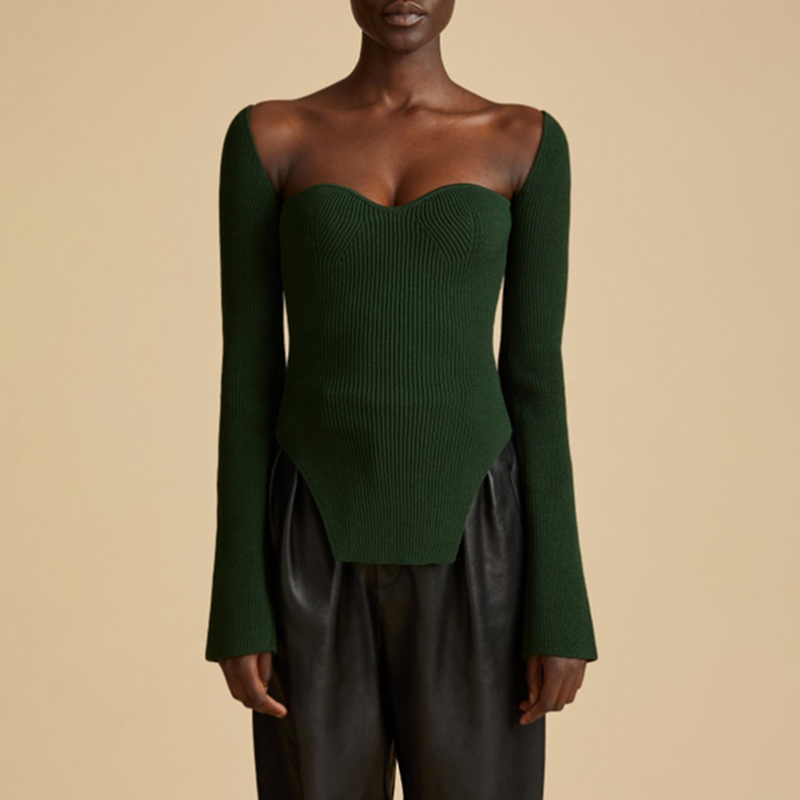 TWOTWINSTYLE Slim Square Collar Split Solid Knit Tops