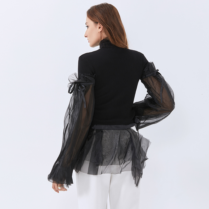 TWOTWINSTYLE Designer Turtleneck Patchwork Mesh Pullovers