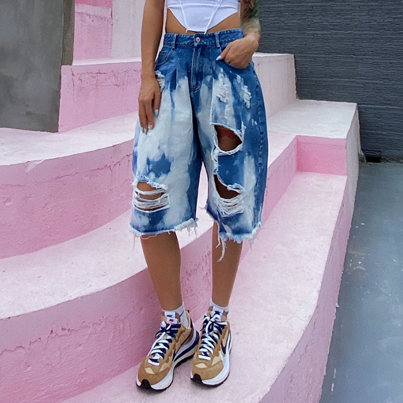 TWOTWINSTYLE Straight Hole Hollow Out Casual Distressed Shorts