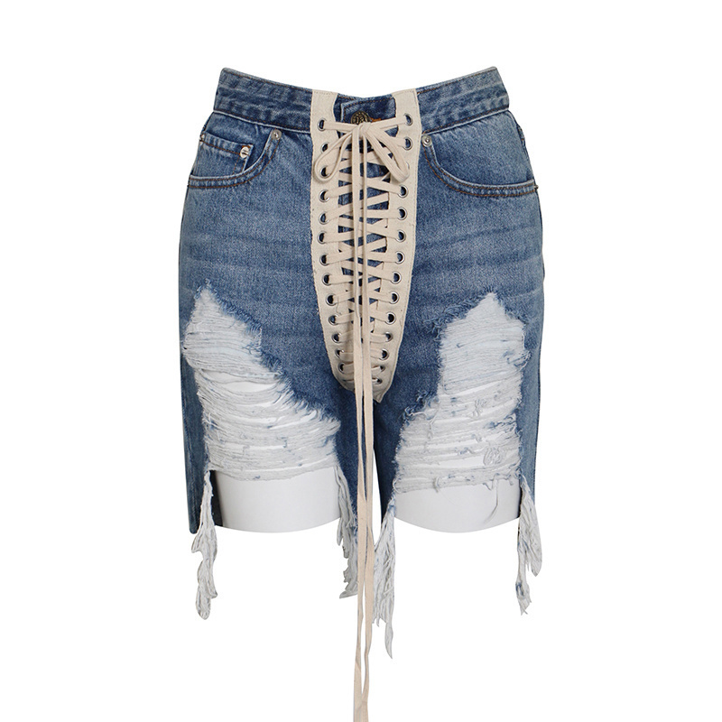 TWOTWINSTYLE Patchwork Tassel Bandage Denim Shorts