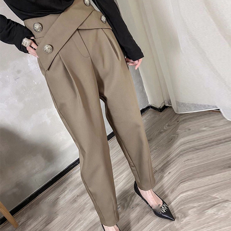 TWOTWINSTYLE Straight High Waist Cross Buttons Pants