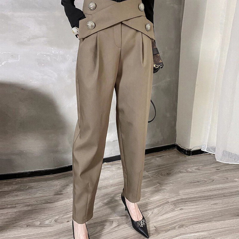 TWOTWINSTYLE Straight High Waist Cross Buttons Pants