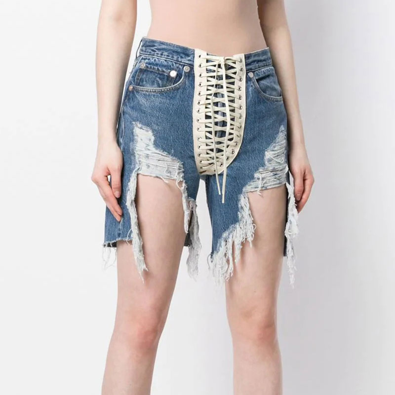 TWOTWINSTYLE Patchwork Tassel Bandage Denim Shorts