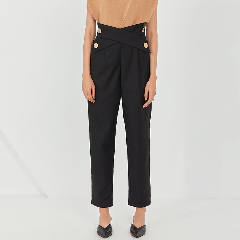 TWOTWINSTYLE Straight High Waist Cross Buttons Pants