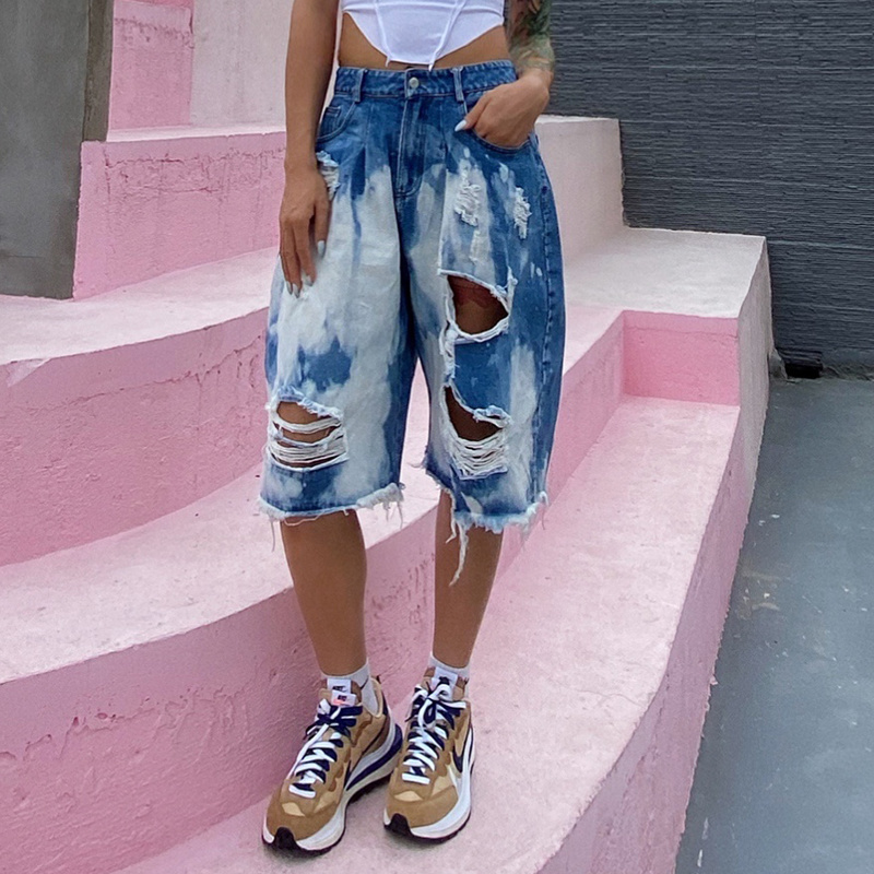 TWOTWINSTYLE Straight Hole Hollow Out Casual Distressed Shorts