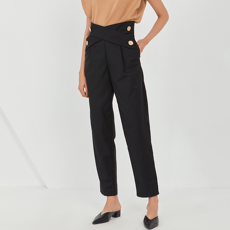 TWOTWINSTYLE Straight High Waist Cross Buttons Pants