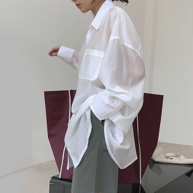 TWOTWINSTYLE Lapel Collar Long Sleeve Minimalist Sheer Shirts