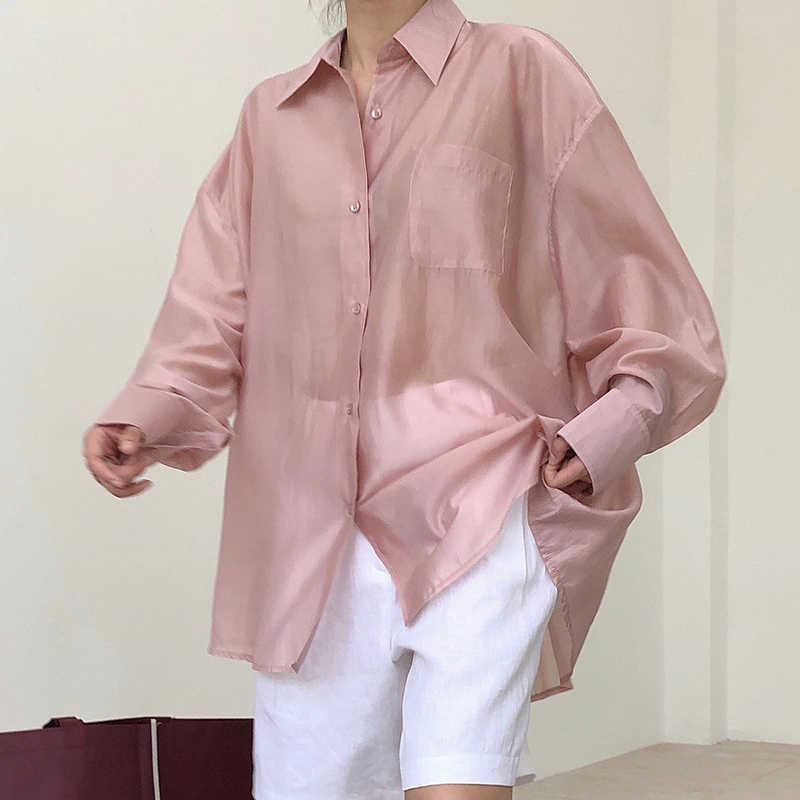 TWOTWINSTYLE Lapel Collar Long Sleeve Minimalist Sheer Shirts
