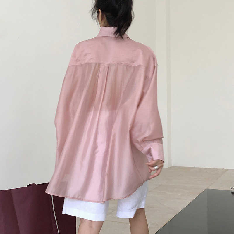 TWOTWINSTYLE Lapel Collar Long Sleeve Minimalist Sheer Shirts