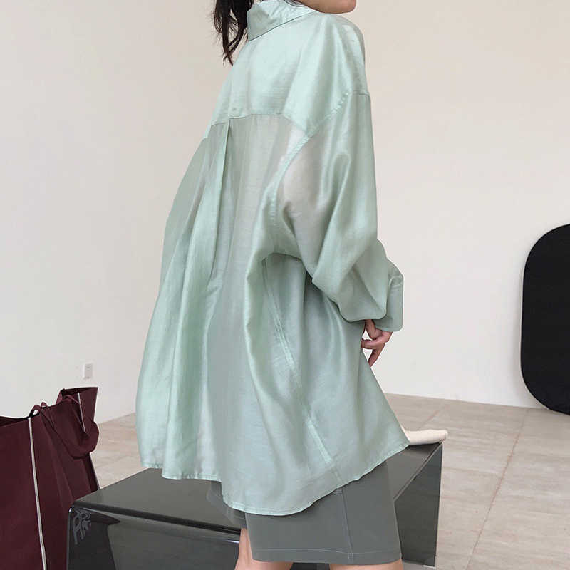 TWOTWINSTYLE Lapel Collar Long Sleeve Minimalist Sheer Shirts