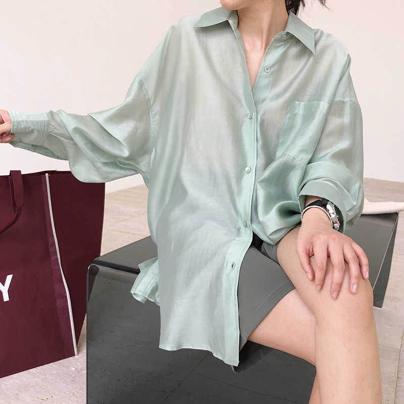TWOTWINSTYLE Lapel Collar Long Sleeve Minimalist Sheer Shirts