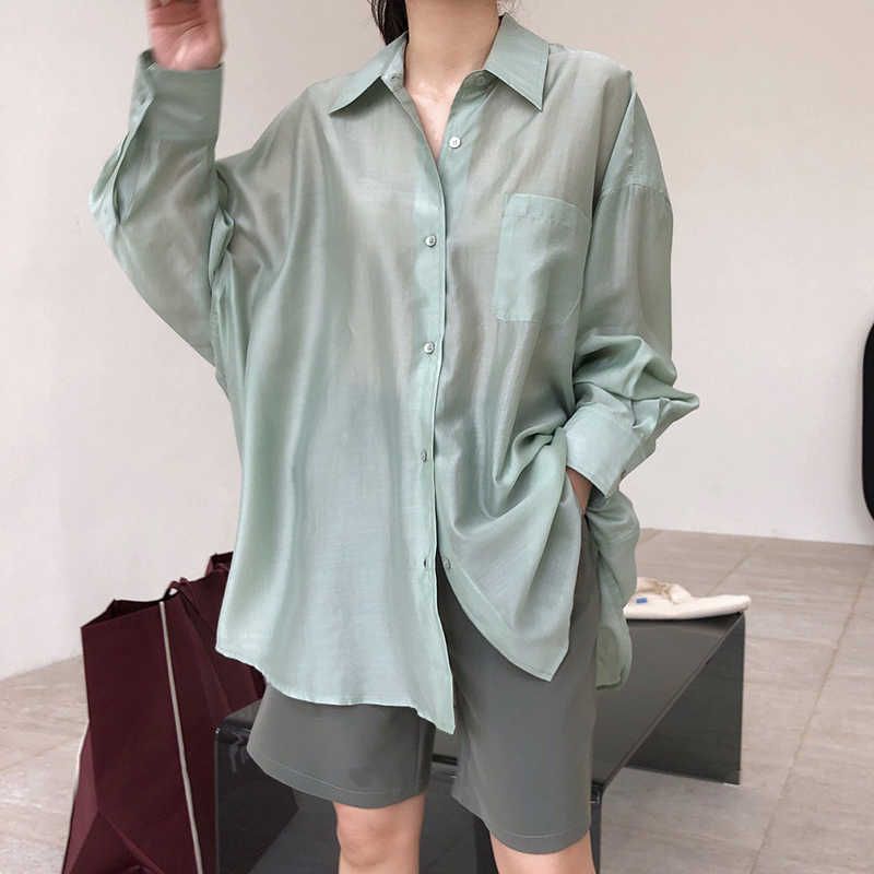 TWOTWINSTYLE Lapel Collar Long Sleeve Minimalist Sheer Shirts