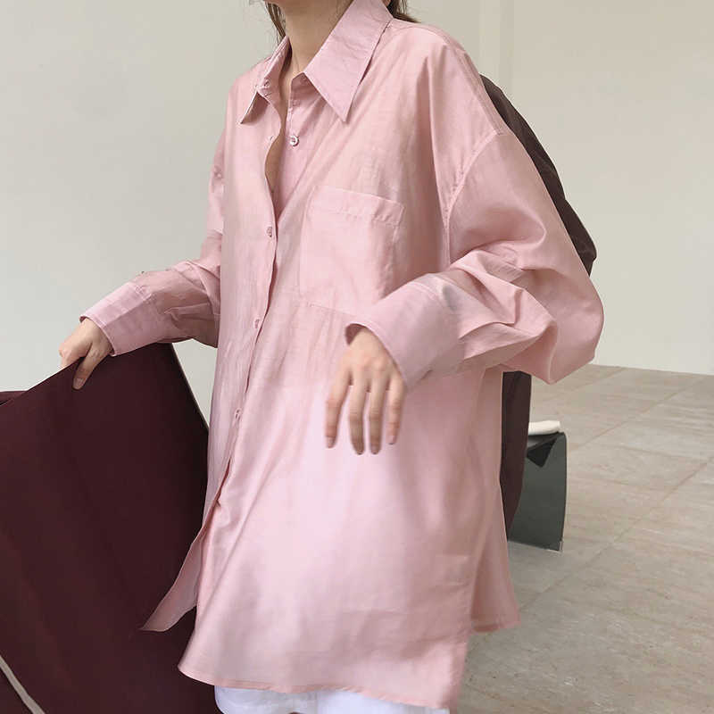 TWOTWINSTYLE Lapel Collar Long Sleeve Minimalist Sheer Shirts