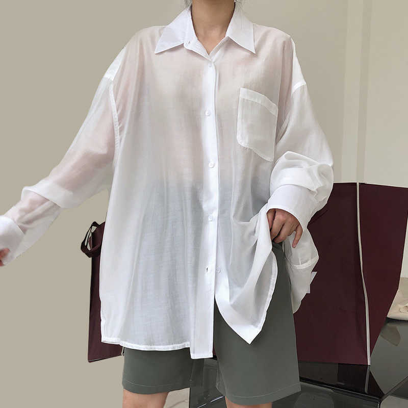 TWOTWINSTYLE Lapel Collar Long Sleeve Minimalist Sheer Shirts
