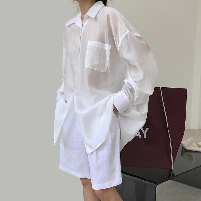 TWOTWINSTYLE Lapel Collar Long Sleeve Minimalist Sheer Shirts