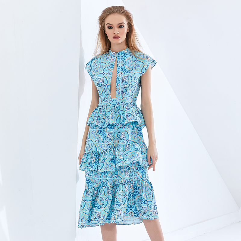TWOTWINSTYLE Sexy Print Hollow Out High Waist Ruffle Sleeveless Dress