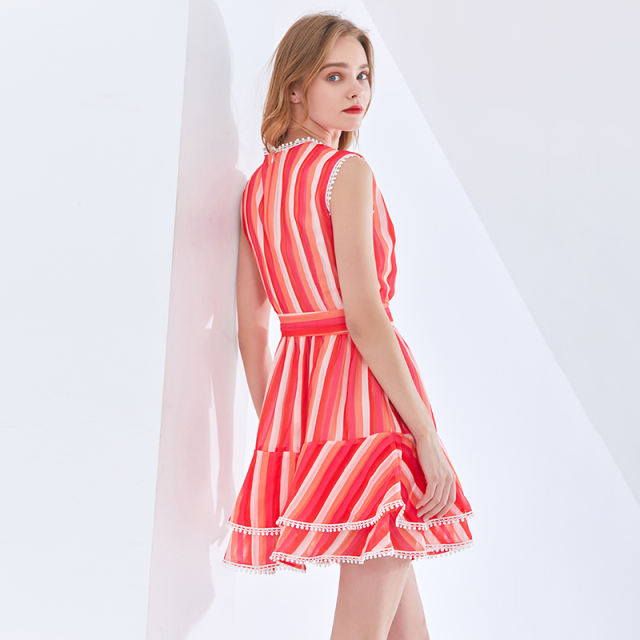 TWOTWINSTYLE Striped Red Lace Up Bowknot Dress