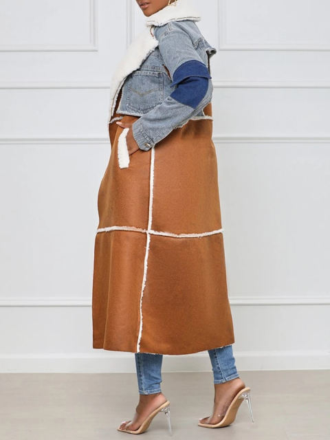TWOTWINSTYLE Casual Patchwork Pockets Colorblock Open Stitch Jackets
