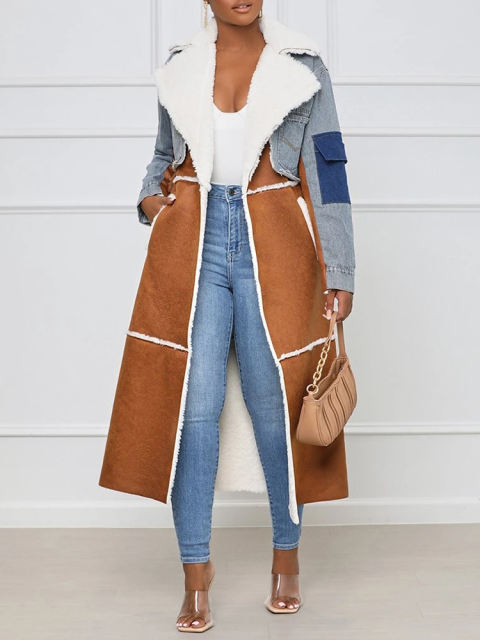 TWOTWINSTYLE Casual Patchwork Pockets Colorblock Open Stitch Jackets