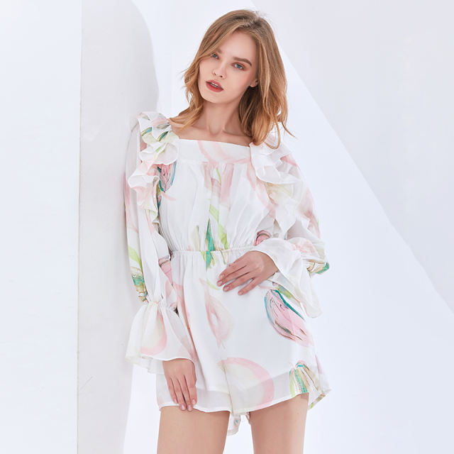 TWOTWINSTYLE Lace Up Hit Color Square Collar Ruffled Print Playsuits