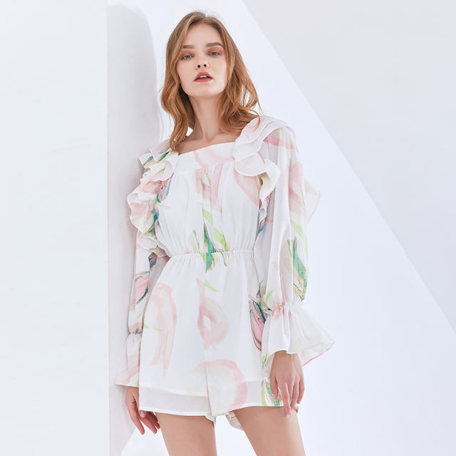 TWOTWINSTYLE Lace Up Hit Color Square Collar Ruffled Print Playsuits